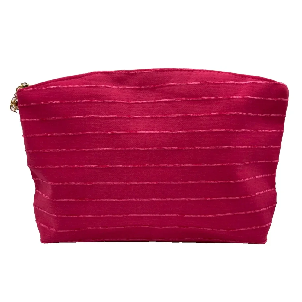Lancome Pink Striped Makeup Bag with Rhinestore Rose Zipper Charm